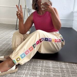 POL Cream Granny Squares Patch French Terry Joggers